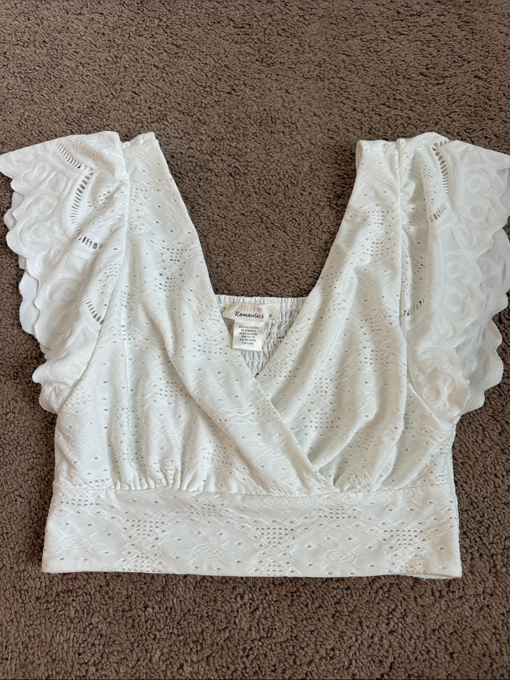 White Eyelet Surplice Flutter Crop Top